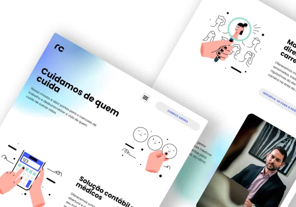 Um conjunto de páginas da web com um homem e uma mulher segurando um telefone.